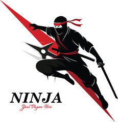 Ninja mascot esport logo with warrior character jumping on red lightning background isolated on white © Udesign04