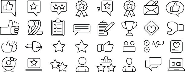 Feedback icons set, communication symbols, achievement visuals, user interaction tools, rating badges, black white line pack, minimalist vector graphics