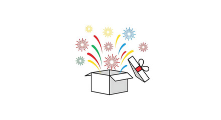 An exciting New Year’s Eve illustration showing festive fireworks and party confetti erupting from a gift box, ideal for midnight countdown and holiday party celebration