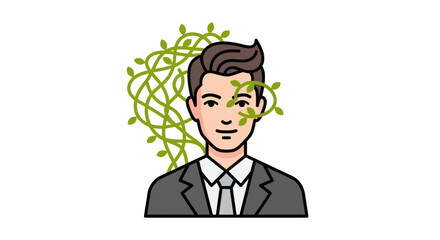 Businessman with green plant vines growing around his head.