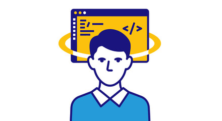 Vector illustration of a male programmer thinking about code.