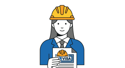 Female engineer in a hard hat holding a work visa document.