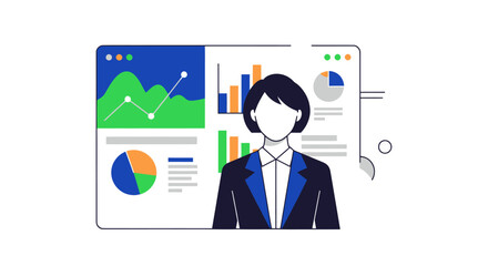 Professional businesswoman analyzing data on a digital dashboard interface.