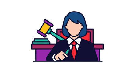 Female Judge Holding Gavel in Courtroom Illustration.