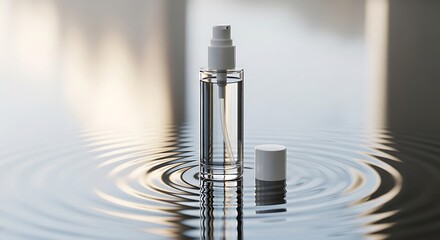 Clear Glass Spray Bottle on Water Surface with Ripples and Reflections