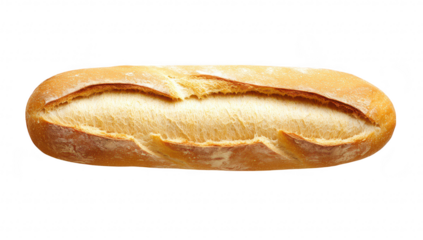 A freshly baked baguette with a golden crust and soft interior. placed on a clean white background. its texture and shape. ideal for culinary presentations or food-related content