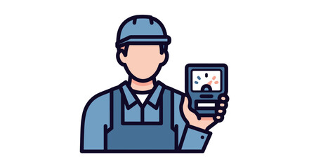 Electrician worker in hard hat holding a multimeter icon.