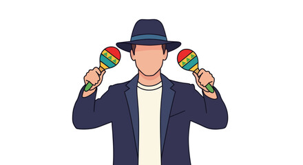 Stylish man in a fedora hat holding colorful maracas.