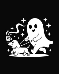 Whimsical ghost walking dog cartoon, floating coffee cup, magical stars, black and white illustration, cute spooky scene, surreal pet moment, playful Halloween concept art