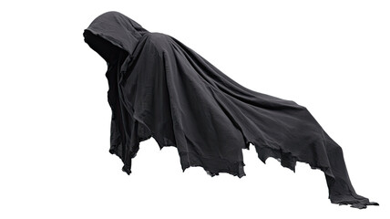 Floating empty black hooded cloak mysterious costume dark fabric ghostly garment fantasy attire spooky element isolated on white background
