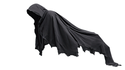 Floating empty black hooded cloak mysterious costume dark fabric ghostly garment fantasy attire spooky element isolated on white background
