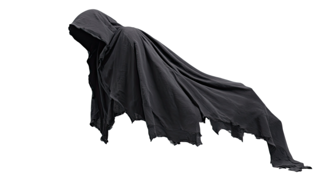 Floating empty black hooded cloak mysterious costume dark fabric ghostly garment fantasy attire spooky element isolated on white background
