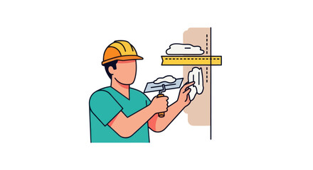 Construction worker in a hard hat applying plaster to a wall.