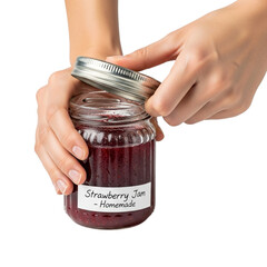 Opening homemade strawberry jam jar fresh preserve canning recipe healthy breakfast spread food photography on transparent background