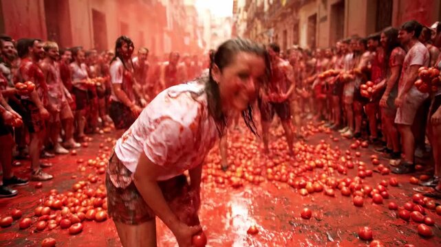 La Tomatina Tomato Fight Festival - A large crowd of people participate in the La Tomatina tomato fight festival, standing amidst a thick layer of crushed tomatoes.