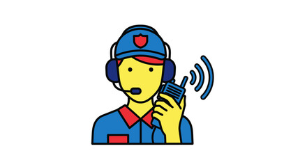 Cartoon police officer communicating with a walkie talkie radio.