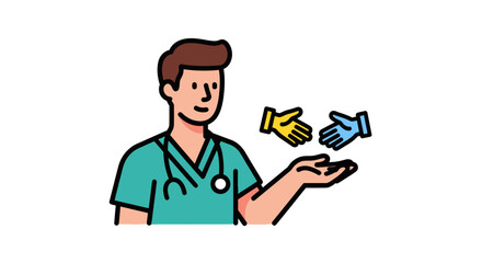 Cartoon Doctor in Scrubs with Symbolic Helping Hands.