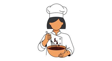 Hand drawn illustration of a female chef mixing chocolate batter.