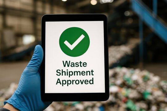 Tablet Displaying Waste Shipment Approval at Recycling Facility