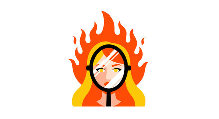 Illustration of a woman with flaming hair under scrutiny.