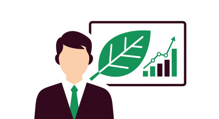 Sustainable business growth concept with businessman and green leaf chart.