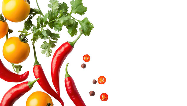 A arrangement of yellow tomatoes. red chilies. and fresh cilantro on a clean white background. the freshness and colors of vegetables. ideal for culinary or health-related content