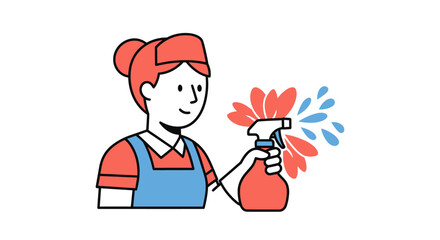 Cartoon illustration of a professional cleaning lady with a spray bottle.