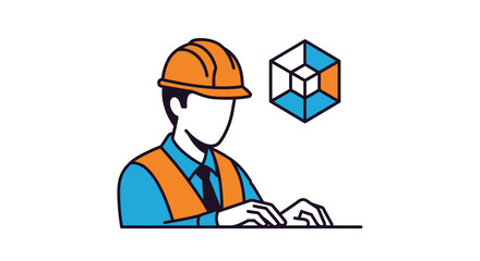 Engineer in hard hat working on a design project icon.