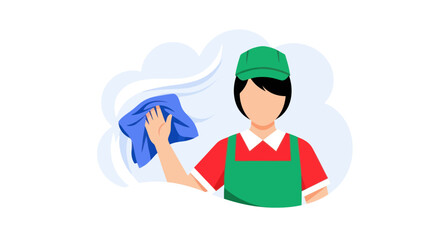 Female cleaner in uniform wiping a surface with a blue cloth.