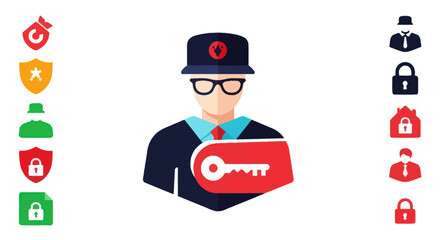 Security administrator icon holding a large red key for access.