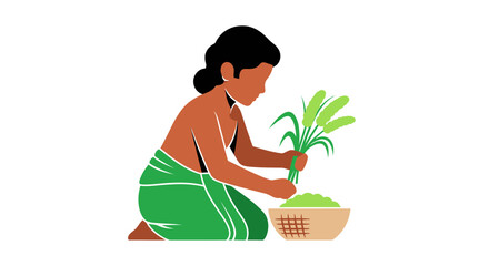 Illustration of a traditional woman farmer working with crops.
