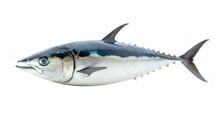 A fresh. whole tuna fish displayed on a clean white background. its sleek body and distinctive coloration. ideal for culinary and seafood-related content