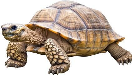Fototapeta premium A large tortoise slowly moving across a sandy terrain. its intricate shell patterns and textures. with a blurred background of lush greenery and flowers indicating a serene environment