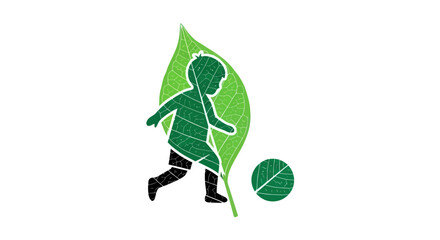 Child playing soccer integrated with a green leaf symbol.