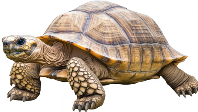 A large tortoise slowly moving across a sandy terrain. its intricate shell patterns and textures. with a blurred background of lush greenery and flowers indicating a serene environment
