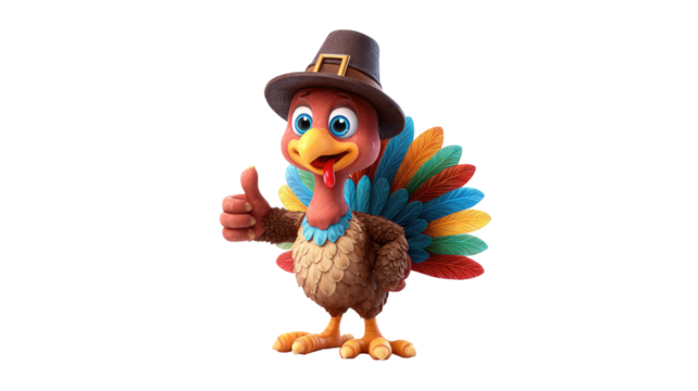 Cute cheerful cartoon turkey colorful festive bird illustration holiday mascot funny animal character drawing isolated on white background
