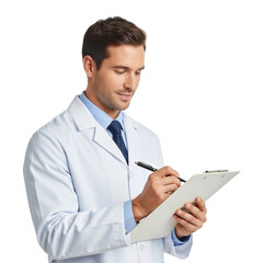 Handsome male doctor writing on clipboard in hospital medical professional healthcare concept image on transparent background