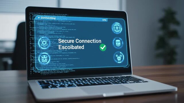 Secure VPN Connection on Laptop - A laptop displays a transparent VPN interface with a secure connection status, showing icons for global network, database, and server connection.