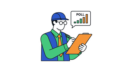 Professional surveyor in a hard hat conducting a poll survey.
