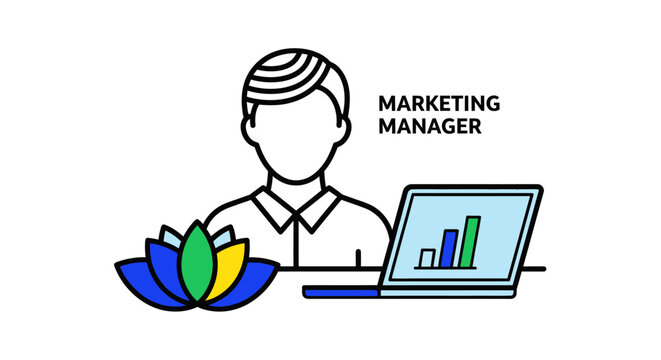 Marketing Manager Professional Icon with Laptop and Logo.