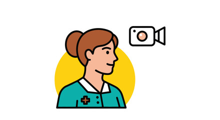 Nurse and video camera icon for telehealth consultation.