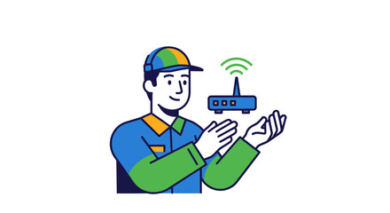 IT support technician holding a wireless internet router.