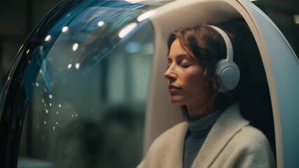 Crisp medium shot showcasing a sound immersion pod where an individual listens intently keeping the device in focus while ambient surroundings soften out of focus.