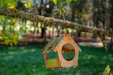 Painted wooden birdhouse hanging on tree branch among green leaves in summer garden