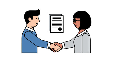 Man and Woman Shaking Hands Over Pet Adoption Contract Illustration.