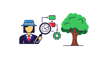 Investigator Analyzing a Business Process Flowchart with a Tree.