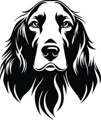 English Setter head silhouette with long ears, flowing coat, and gentle eyes in black vector
