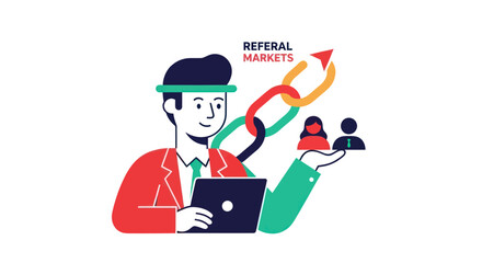 Businessman managing a referral marketing program on his laptop.