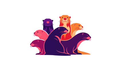 A vibrant and colorful illustration of a family of otters.