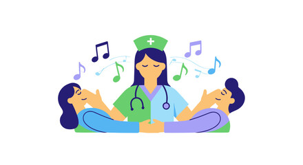 Nurse Administering Music Therapy to Relaxed Patients.